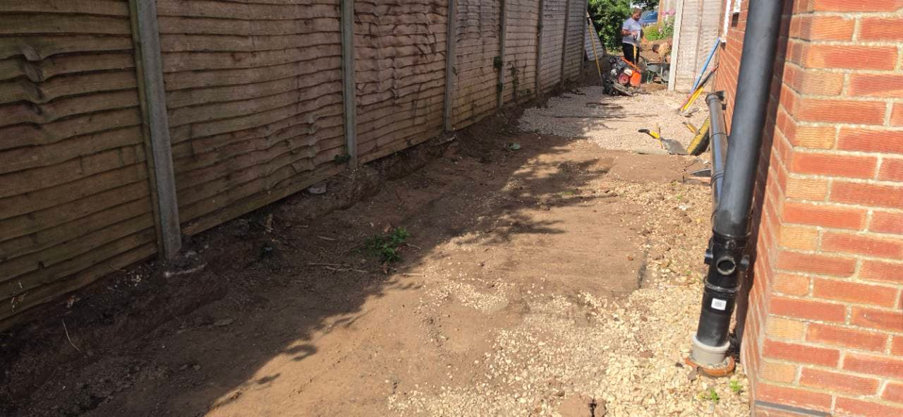 Day one dig-out and base preparation for a Canyon Stone resin patio in Bridgwater