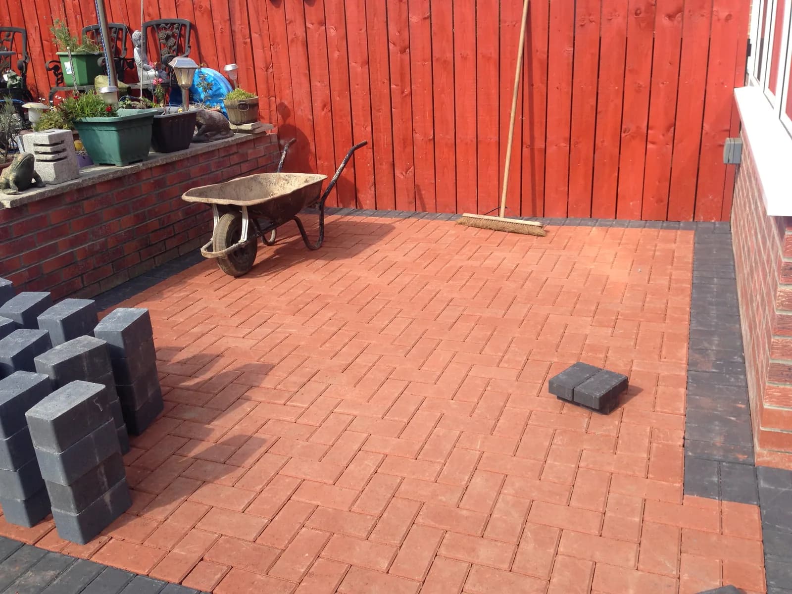 Wide view of Burnham-on-Sea block paving patio installation in progress