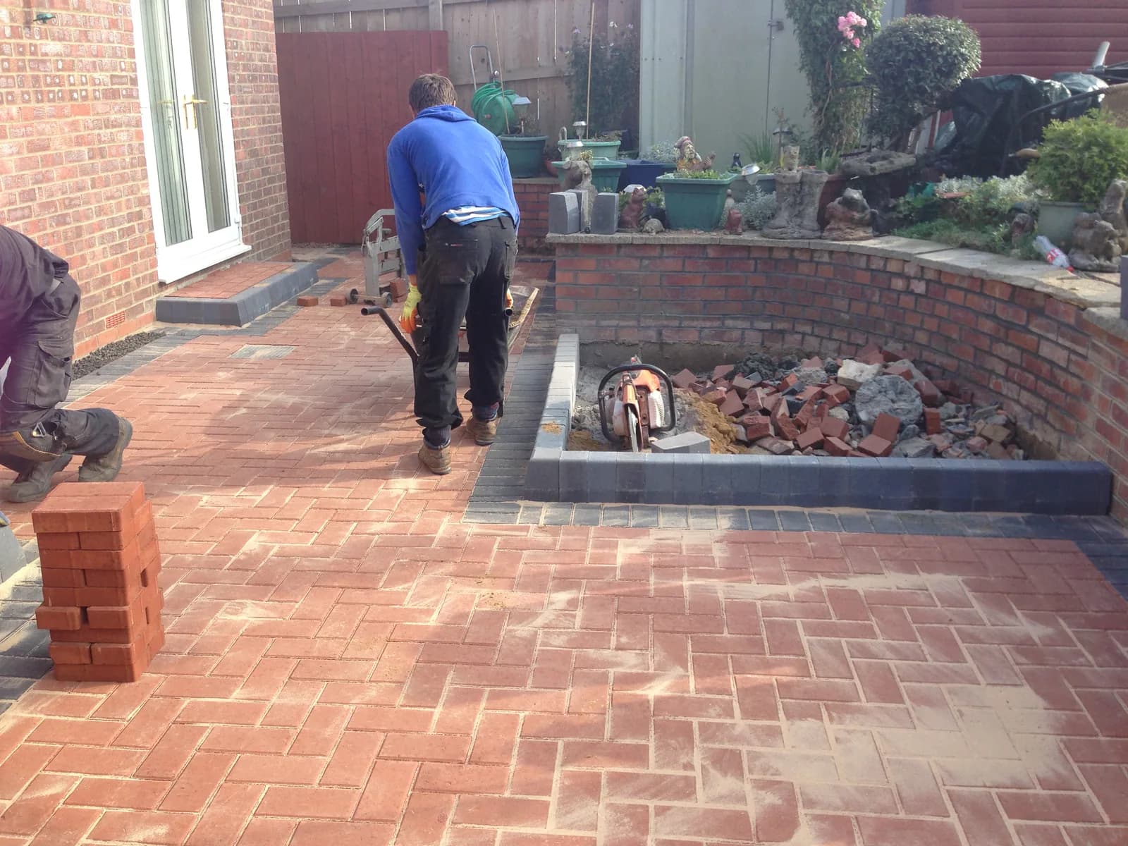 Start of the steps being formed on a Burnham-on-Sea block paving patio