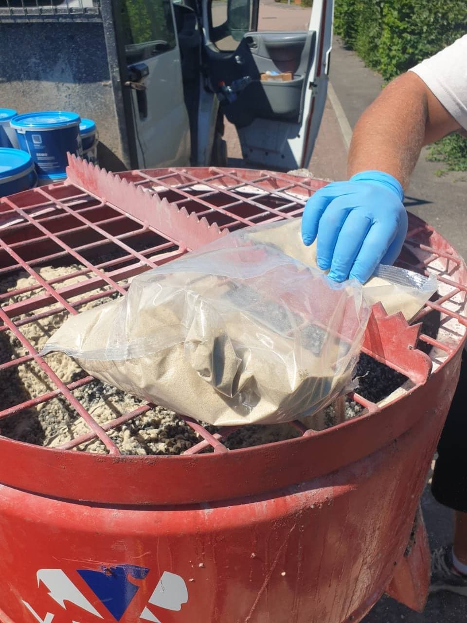 New Palazzo aggregate and resin materials prepared for mixing in Burnham-on-Sea