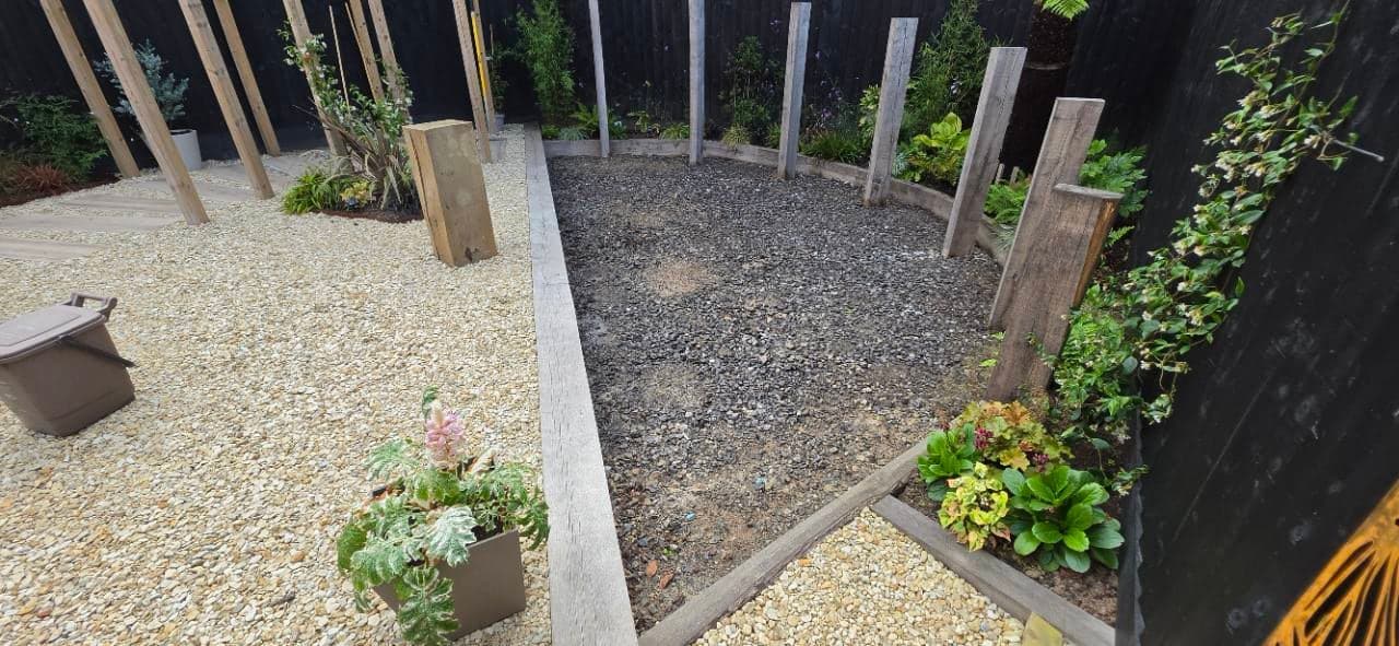 Wide view of the Burnham-on-Sea patio base after MOT preparation