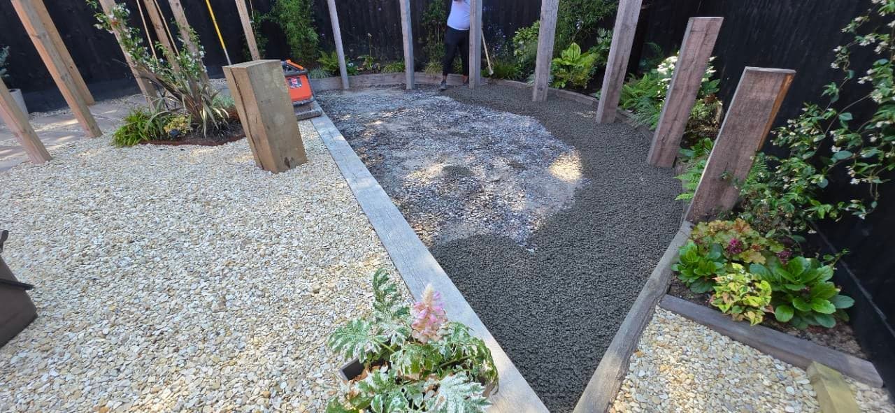 Permeable concrete being installed over the prepared Burnham-on-Sea patio base