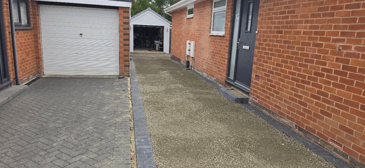 Side driveway base, block edges and new step complete before Palazzo resin bound surfacing in Exminster