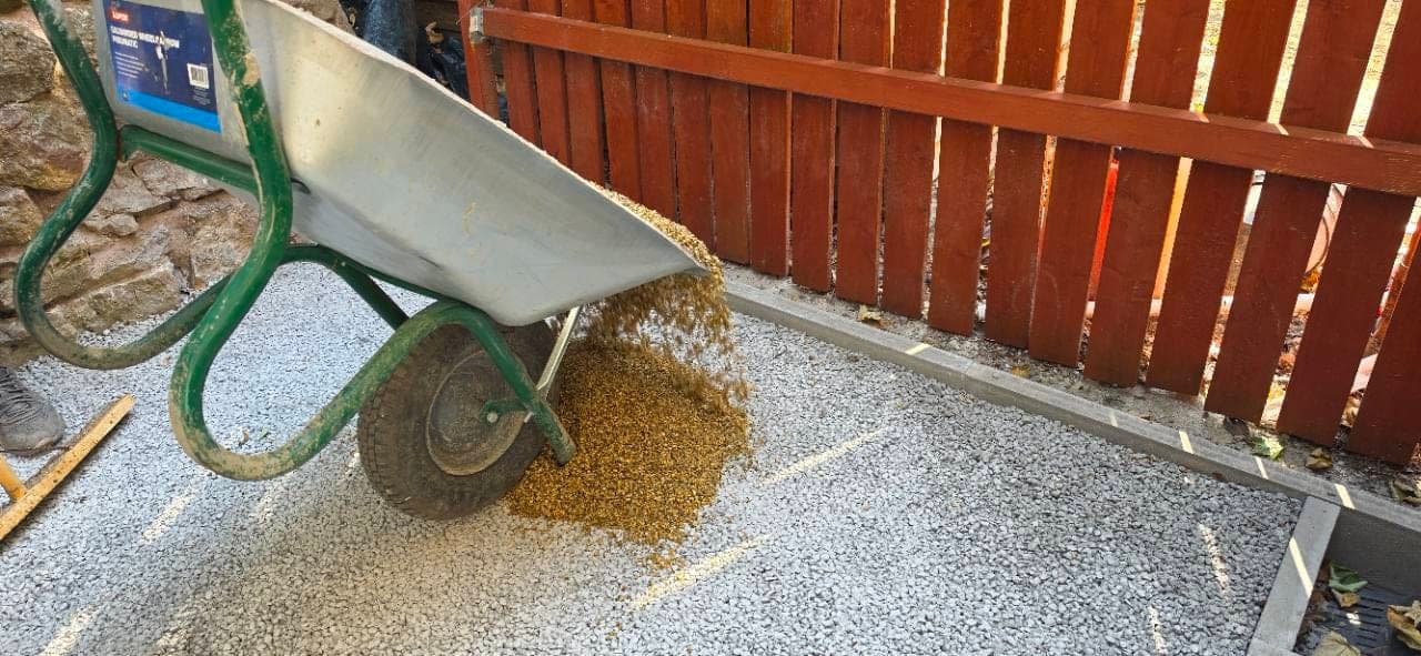 Canberra resin bound aggregate being tipped onto the prepared base in Weston-super-Mare
