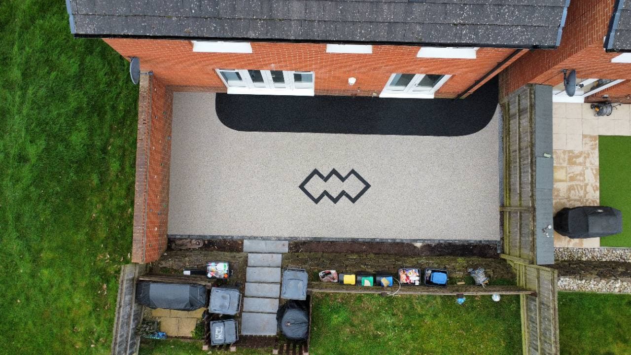 Aerial view of Alaskan Tundra resin patio with New The Met path and pattern in Exmouth