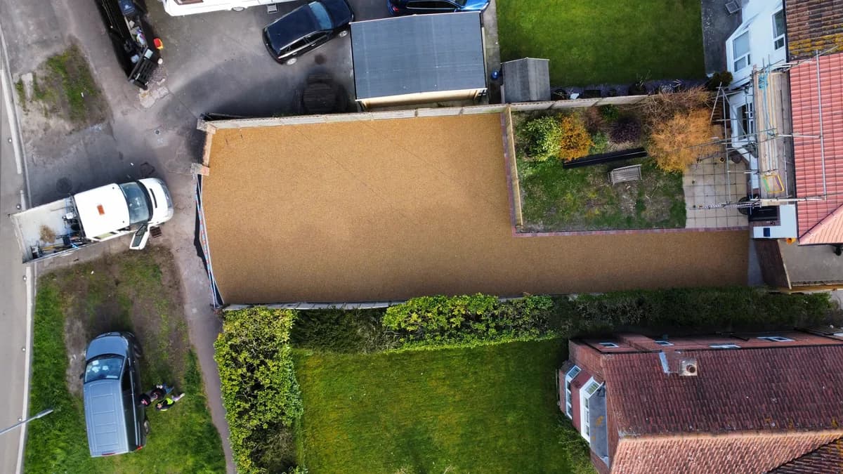 Golden resin bound driveway and parking area - aerial view