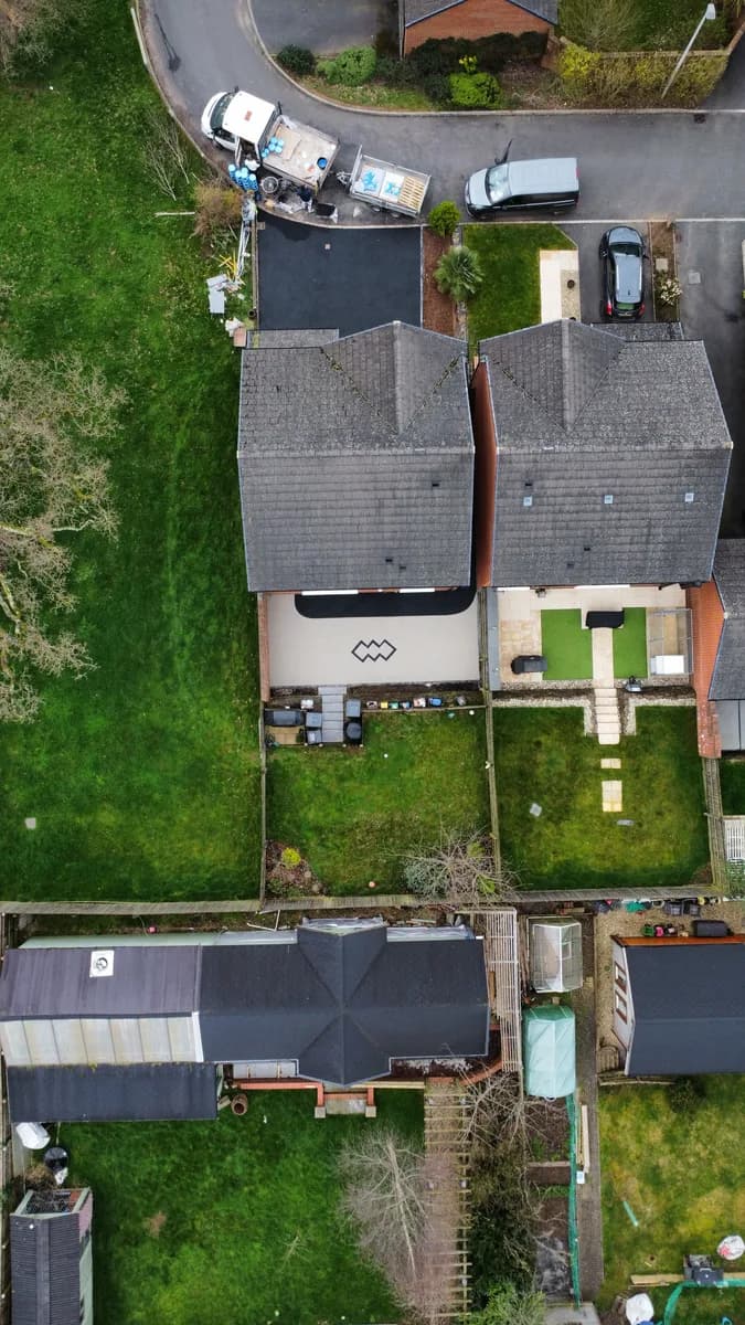 Aerial view of resin courtyard with decorative feature and contrasting apron